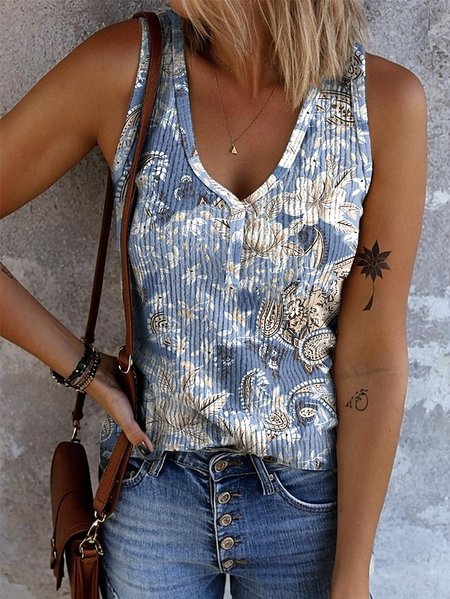 

Casual V Neck Floral Tank Top, As picture, Tanks & Camis