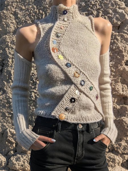 

Casual Plain Buttoned Turtleneck Off Shoulder Sleeve Sweater, As picture, Pullovers