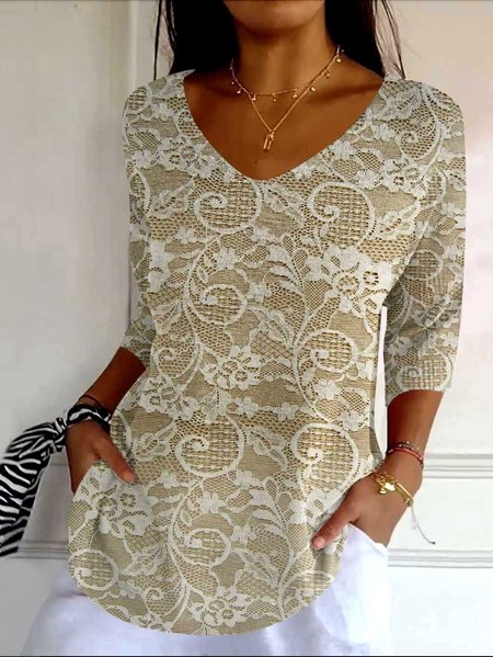 

Vintage Floral Crew Neck Long Sleeve T-shirt, Khaki, T-shirts