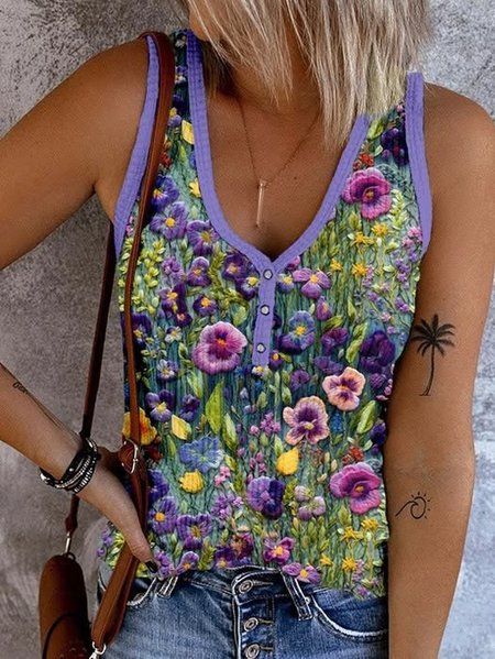 

Casual V Neck Floral Tank Top, As picture, Tanks & Camis