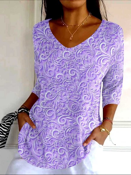 

Vintage Floral Crew Neck Long Sleeve T-shirt, Light purple, T-shirts