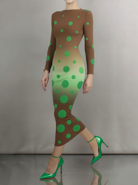 Elegant Polka Dots Balloon Sleeve Printing Boat Neck Maxi Dress