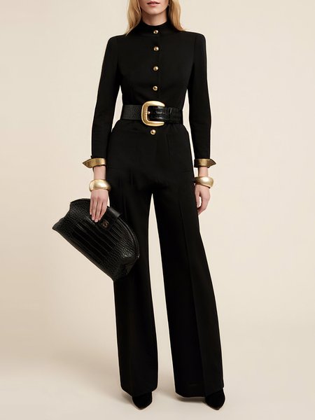 

Urban Buttoned Plain Mock Neck Jumpsuit With Belt, Black, Jumpsuits