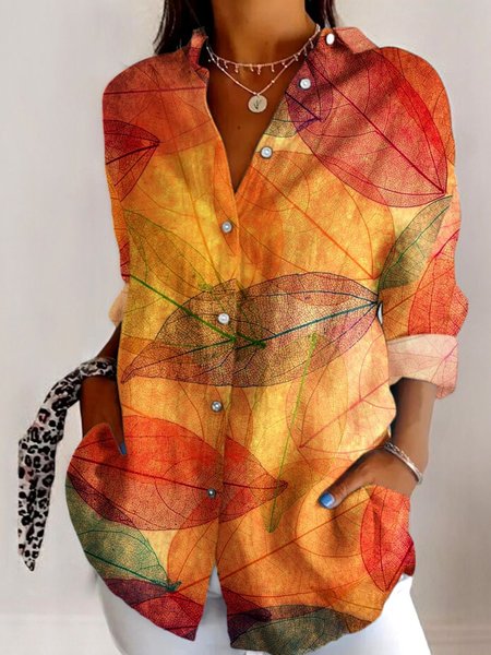 

V Neck Long Sleeve Leaf Regular Micro-Elasticity Regular Fit Shirt For Women, Orange, Shirts