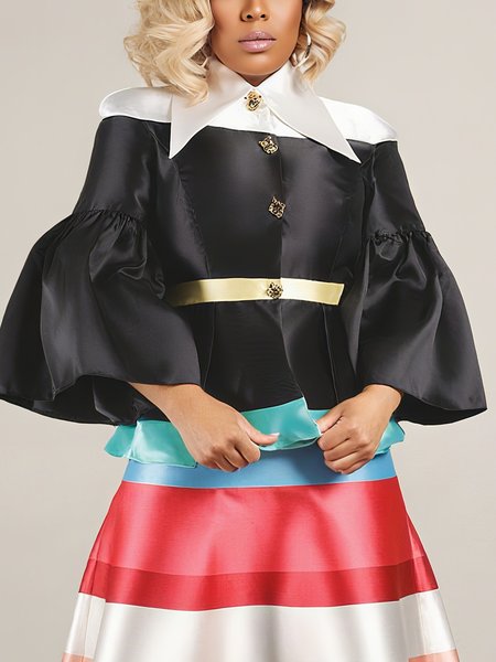 

Satin Elegant Color Block Split Joint Shawl Collar Bell Sleeve Shirt, Black-white, Blouses and Shirts