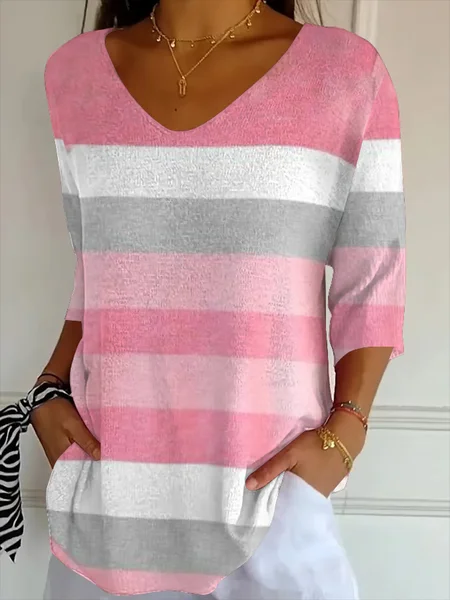 

Casual Striped V Neck Three Quarter Sleeve T-shirt, As picture, T-shirts
