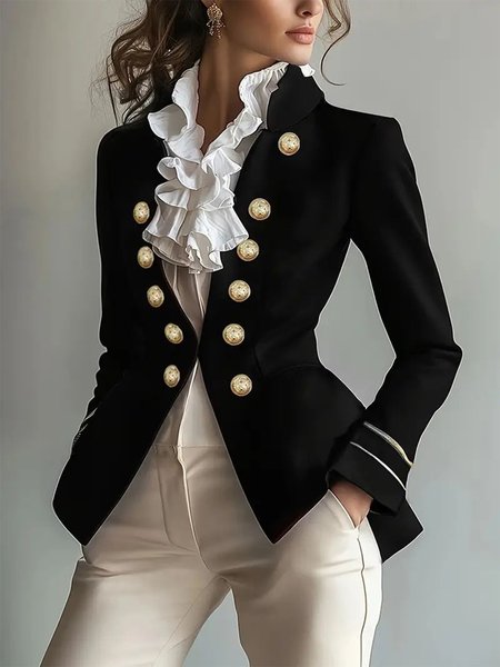

Urban Buttoned Plain Stand Collar Blazer, Black, Blazers