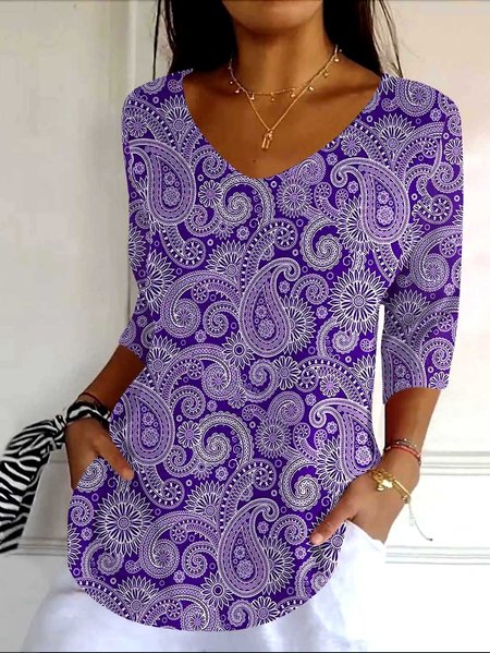 

Vintage Floral Crew Neck Long Sleeve T-shirt, Purple, T-shirts