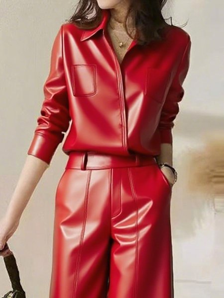 

Urban Plain Shirt Collar Faux Leather Coat, Red, Jackets