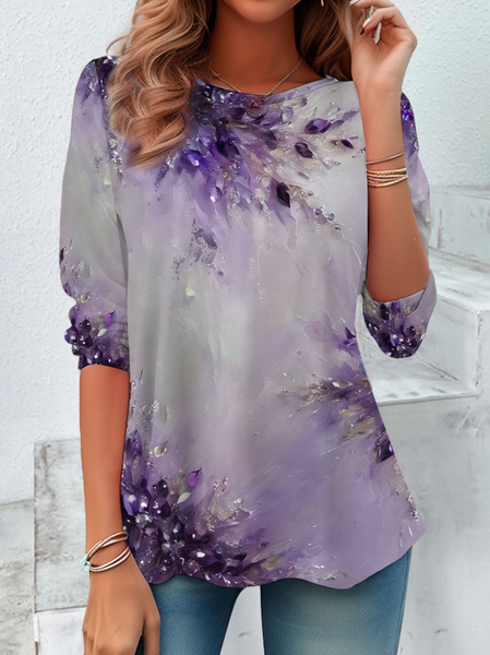 

Casual Abstract Crew Neck Long Sleeve T-shirt, Purple, T-shirts