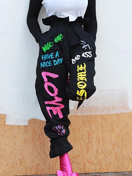 

Casual Letter Pattern Printing Ankle Banded Pants, Black, Pants