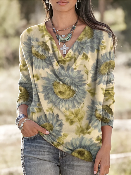 

Casual Floral V Neck Long Sleeve T-shirt, Lightgreen, T-shirts