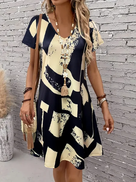 

Women Geometric Summer Dress Crew Neck Short Sleeve A-Line Dress, Champagne, Dresses