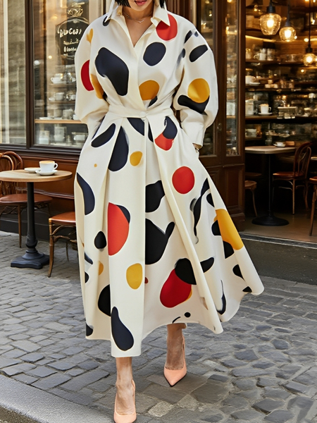 

Urban Geometric Printing Shirt Collar Maxi Dress, As picture, Maxi Dresses