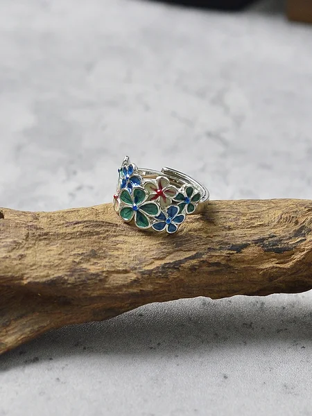 

Exquisite Open Enamel Creative Retro Color Flower Ring Ethnic Style Classical Open Adjustable Ring, Silver, Rings