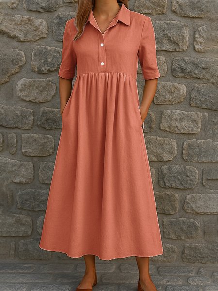 

Women Plain Summer Dress Shirt Collar Short Sleeve A-Line Dress, Red, Dresses