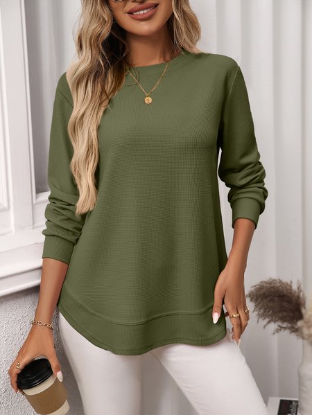 

Casual Plain Crew Neck Long Sleeve T-shirt, Army green, T-shirts