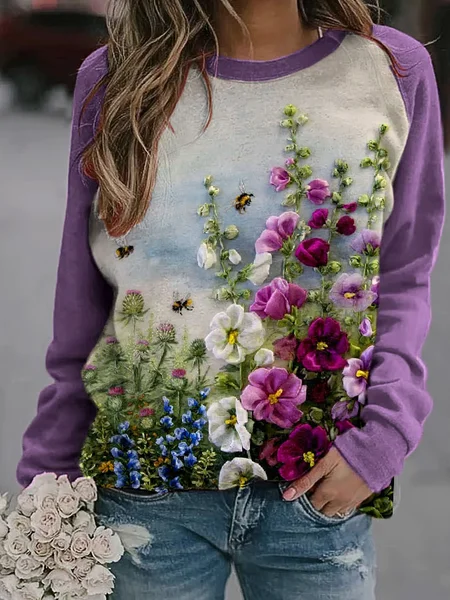 

Women Floral Crew Neck Printing Casual Spring/Fall Long Sleeve Sweatshirt, Purple, Sweatshirts & Hoodies