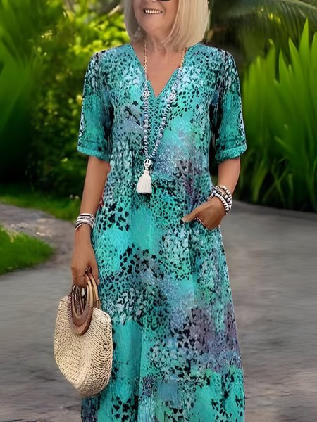

Women Floral Short Sleeve Summer Printing Dress V Neck Daily Vintage Maxi T-Shirt Dress A-Line Dress, Green, Dresses