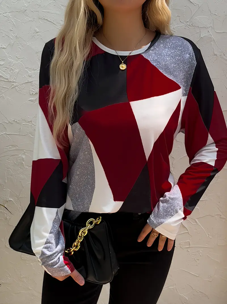 

Women Geometric Long Sleeve Tee T-shirt Crew Neck Printing Casual Spring/Fall Graphic Tee Top, Red, T-Shirts