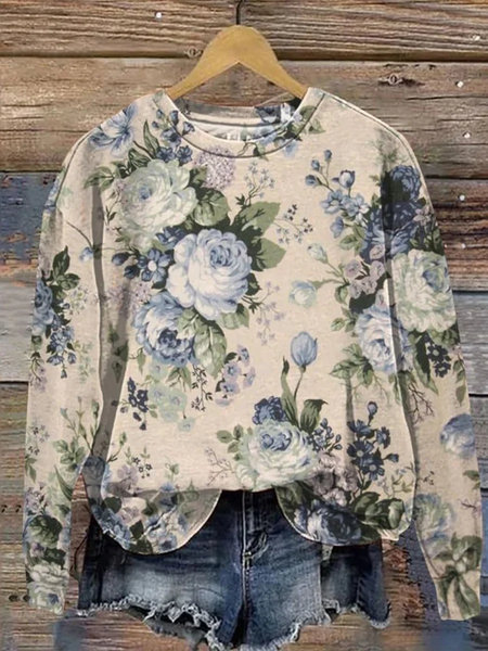 

Casual Crew Neck Floral Sweatshirt Printing, Khaki, Hoodies & Sweatshirts