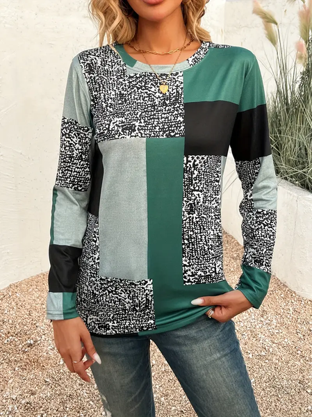 

Women Abstract Long Sleeve Tee T-shirt Crew Neck Printing Casual Spring/Fall Graphic Tee Top, Green, T-Shirts