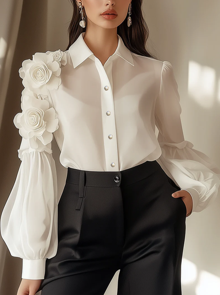 

Elegant Plain 3D Floral Balloon Sleeve Shirt, White, Blouses and Shirts