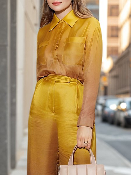 

Satin Urban Ombre Printing Shirt Collar Shirt, Yellow, Blouses and Shirts