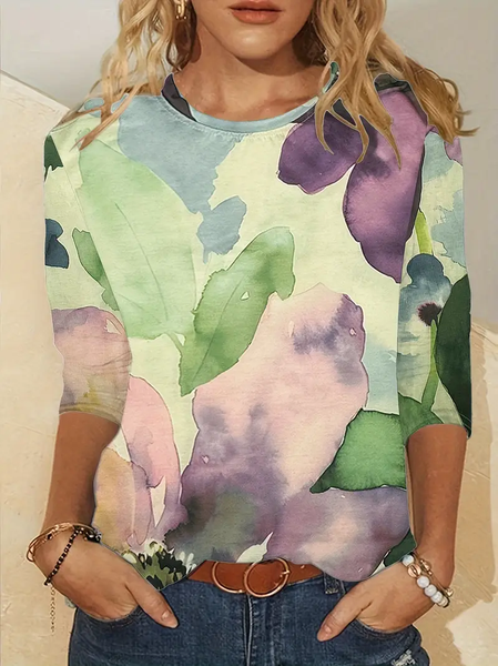 

Casual Floral Crew Neck Long Sleeve T-shirt, As picture, T-shirts