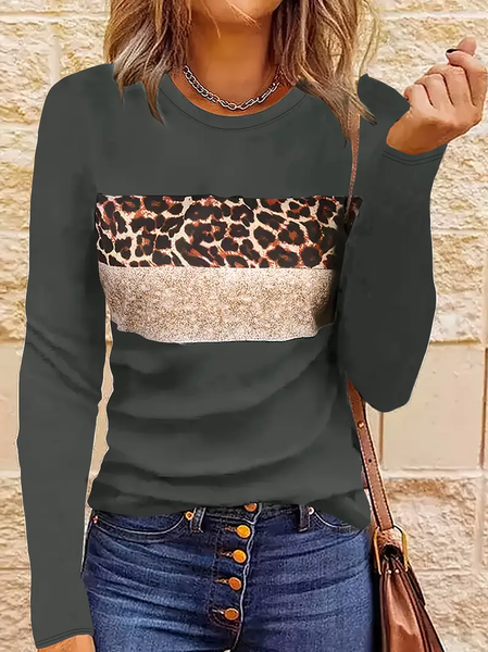 

Women Leopard Long Sleeve Tee T-shirt Crew Neck Printing Casual Spring/Fall Graphic Tee Top, Green, T-Shirts