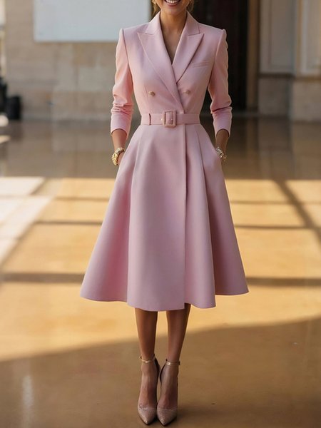 

Urban Plain Buttoned Lapel Collar Midi Dress With Belt, Pink, Midi Dresses