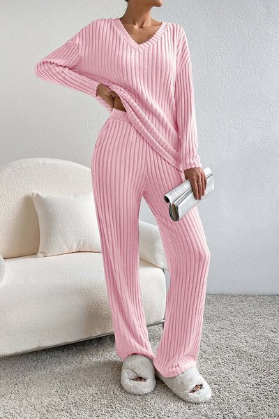 

Women Plain Embossed Two-Piece Set Daily Long Sleeve Casual Spring/Fall Top With Pants Matching Set, Pink, Suit Set