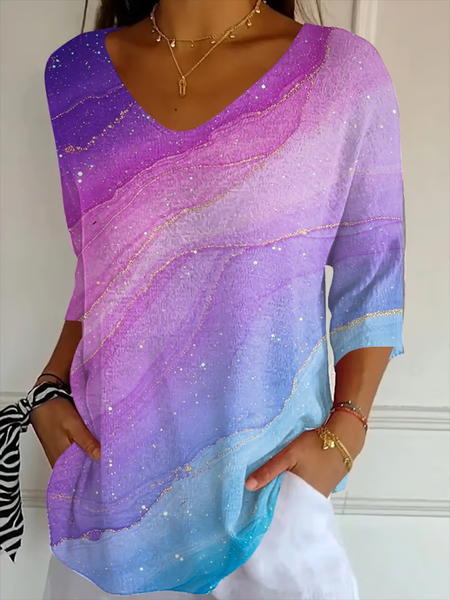 

Women Abstract Three Quarter Sleeve Tee T-shirt V Neck Printing Casual Spring/Fall Graphic Tee Top, Purple, T-Shirts