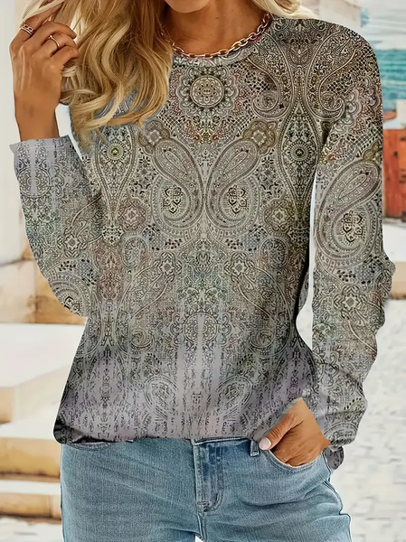 

Women Paisley Long Sleeve Tee T-shirt Crew Neck Printing Casual Spring/Fall Graphic Tee Top, Gray, T-Shirts