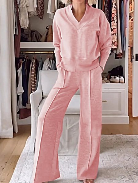 

Women's Split Joint Plain Daily Going Out Two-Piece Set White Casual Spring/Fall Top With Pants Matching Set, Pink, Suits