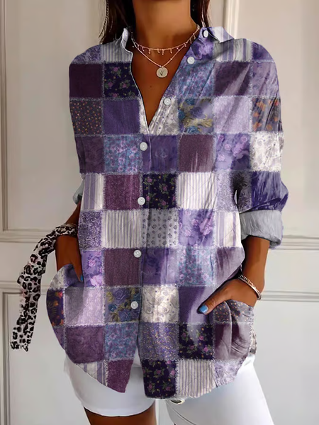 

Shirt Collar Regular Sleeve Long Sleeve Floral Buckle Regular Loose Button Up Shirt Shirt For Women, Purple, Shirts