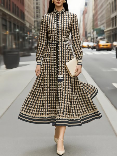

Elegant Geometric Printing Mock Neck Midi Dress, Brown, Midi Dresses