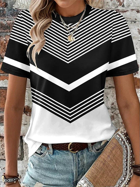 

Vintage Striped Crew Neck Short Sleeve T-shirt, As picture, T-shirts