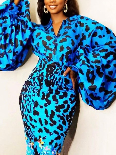 

Elegant Leopard Printing Shirt Collar Balloon Sleeve Shirt, Blue, Blouses and Shirts