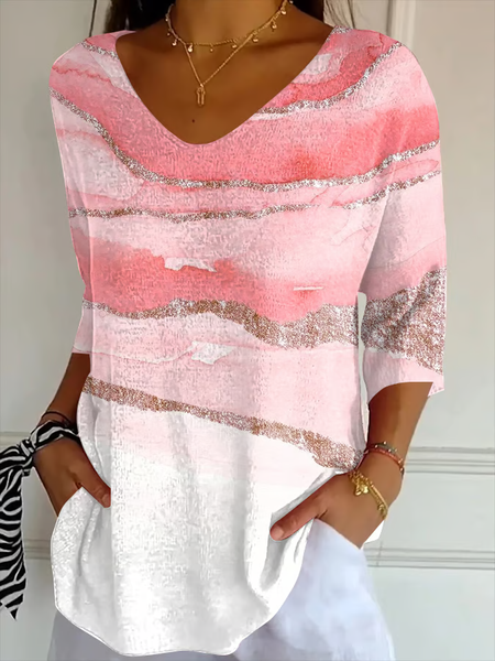 

Women Abstract Three Quarter Sleeve Tee T-shirt V Neck Printing Casual Spring/Fall Graphic Tee Top, Pink, T-Shirts
