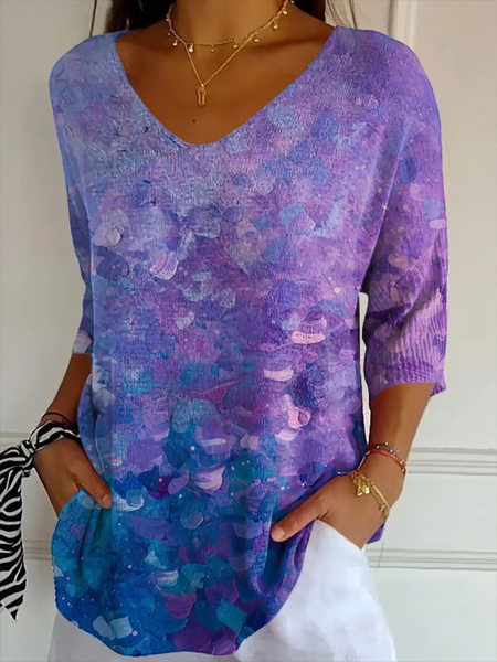 

Women Abstract Three Quarter Sleeve Tee T-shirt V Neck Printing Casual Spring/Fall Graphic Tee Top, Blue purple, T-Shirts