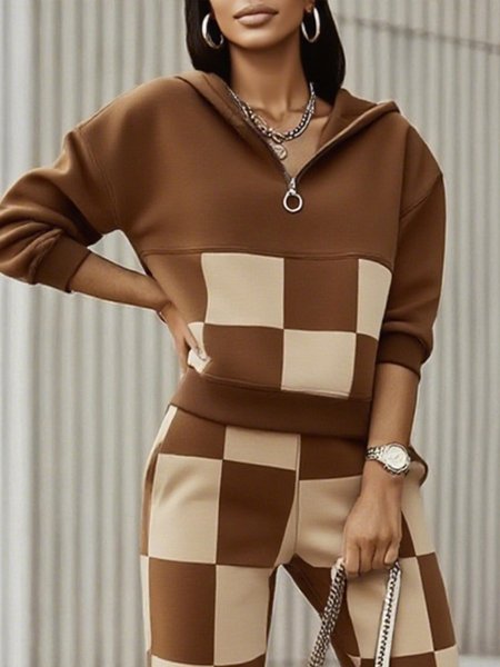 

Casual Plaid Printing Loosen Hoodie, Brown, Hoodies and Sweatshirts