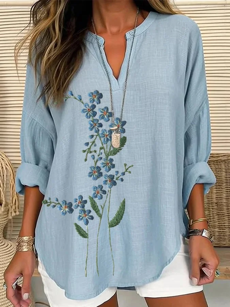 

Women Floral Long Sleeve Blouse Spring/Fall Printing V Neck Daily Casual Top, Blue, Shirts