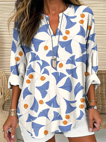 

V Neck Long Sleeve Abstract Printing Regular Loose Blouse For Women, Off white, Blouses