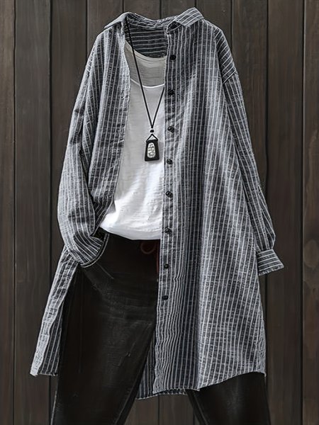 

Women Striped Long Sleeve Shirt Spring/Fall Printing Stand Collar Daily Casual Top, Black, Blouses