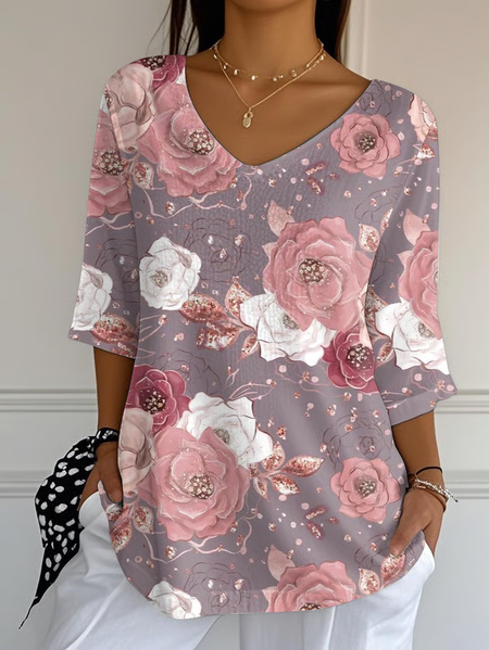 

Casual Floral V Neck Three Quarter Sleeve T-shirt, As picture, T-shirts