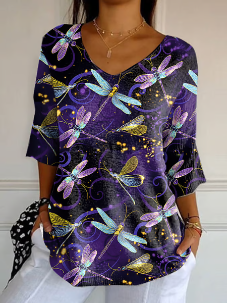 

Casual Dragonfly V Neck Three Quarter Sleeve T-shirt, Purple, T-shirts
