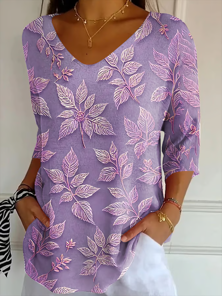 

Casual Floral V Neck Three Quarter Sleeve T-shirt, Purple, T-shirts