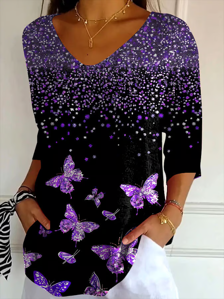 

Women Butterfly Three Quarter Sleeve Tee T-shirt V Neck Printing Casual Spring/Fall Graphic Tee Top, Black, T-Shirts