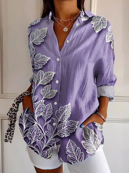 

Women Floral Long Sleeve Shirt Spring/Fall Buckle Shirt Collar Regular Sleeve Daily Casual Top, Purple, Shirts